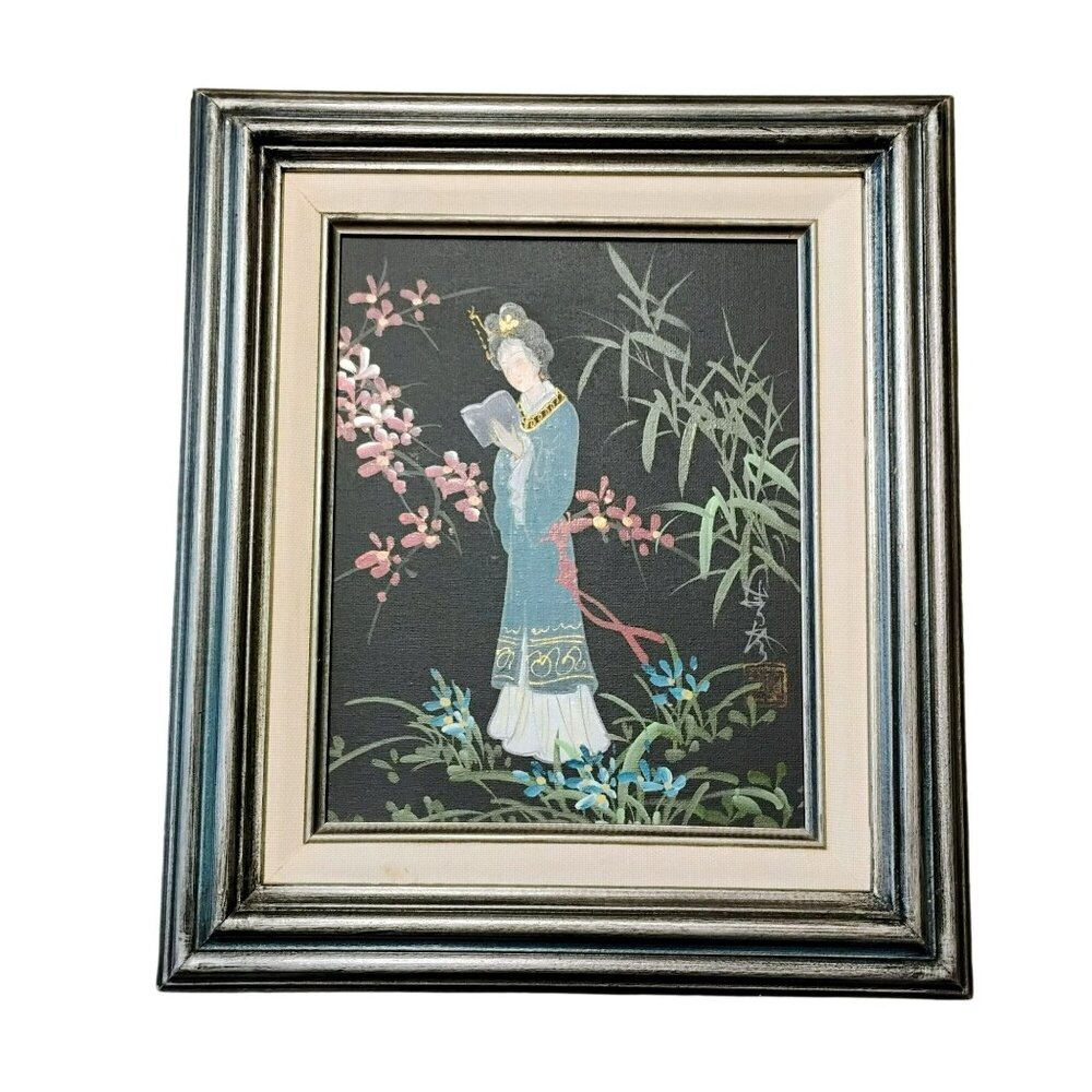 Vintage Hand-Painted Mau Ling Geisha Girl Artwork, Signed, Wood Frame 13x15"